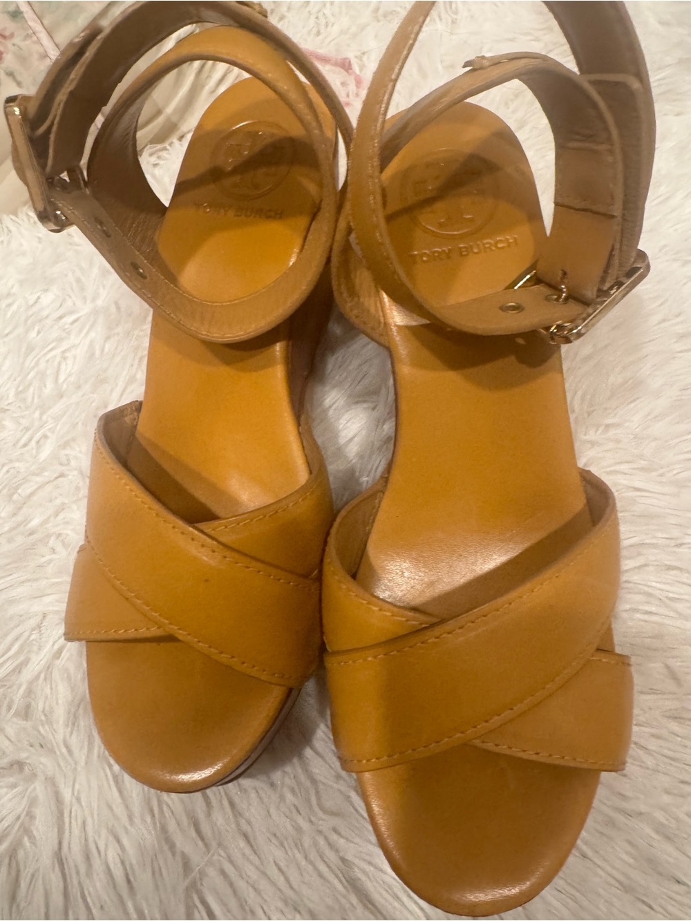 Tory Burch Mustard Yellow Leather Crisscross Wedge Sandals - Picture 2 of 2